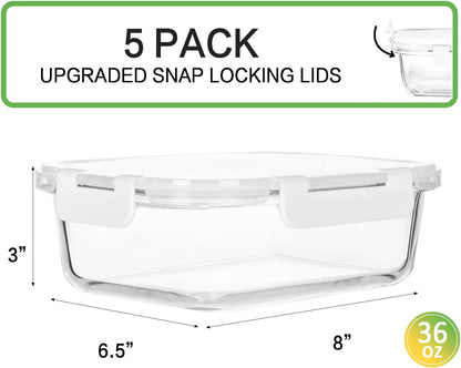 5 Pack 36 oz Glass Food Storage Containers with Lids,4.5 Cups,Gray