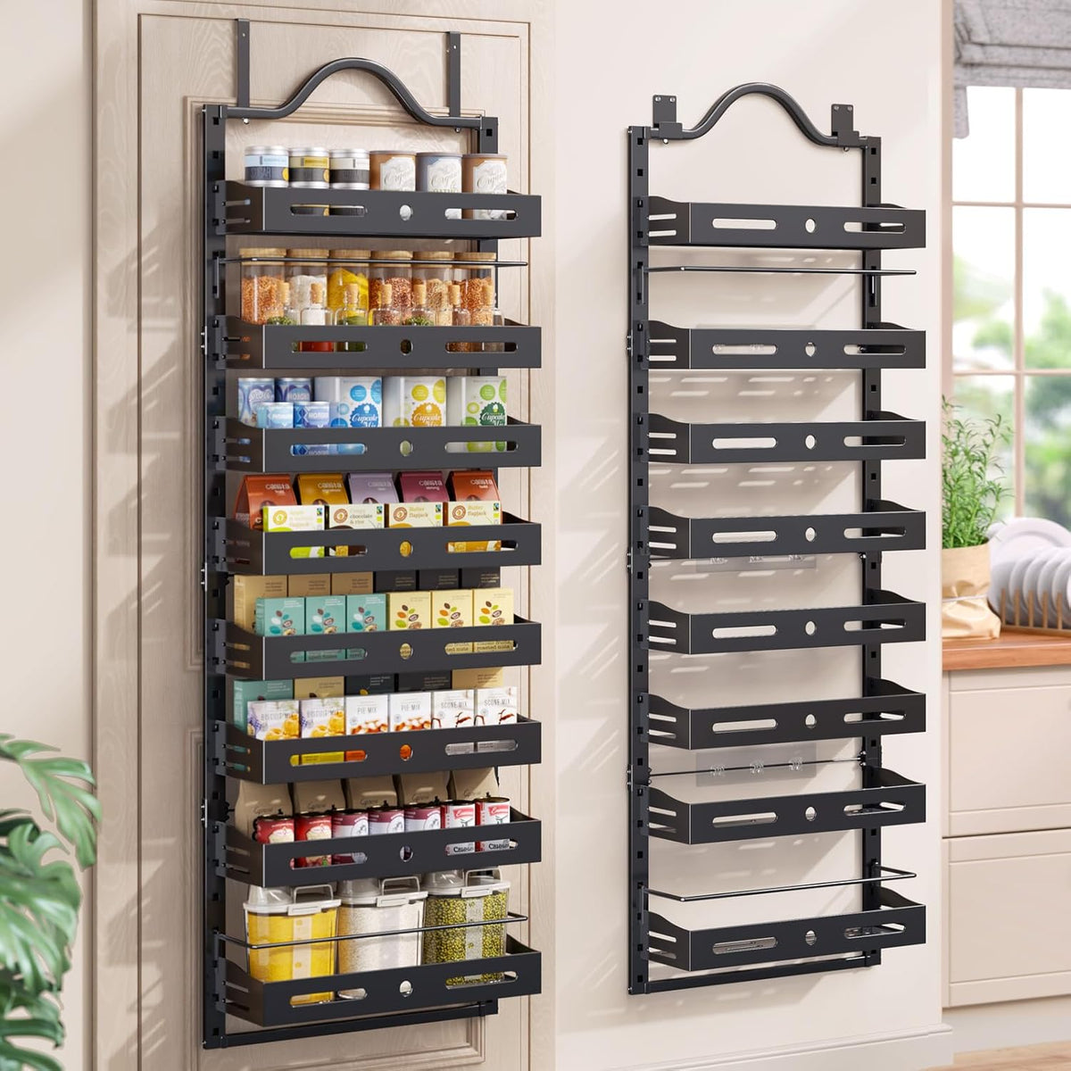 8-Tier Pantry Door Organizer, Large 2 IN 1 Wall Mount or Over The Door Pantry Organizer, Pantry Door Spice Rack with Adjustable Baskets, Over Door Organizer for Kitchen,（72.6×17.1×5.1in,Black)