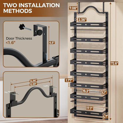 8-Tier Pantry Door Organizer, Large 2 IN 1 Wall Mount or Over The Door Pantry Organizer, Pantry Door Spice Rack with Adjustable Baskets, Over Door Organizer for Kitchen,（72.6×17.1×5.1in,Black)