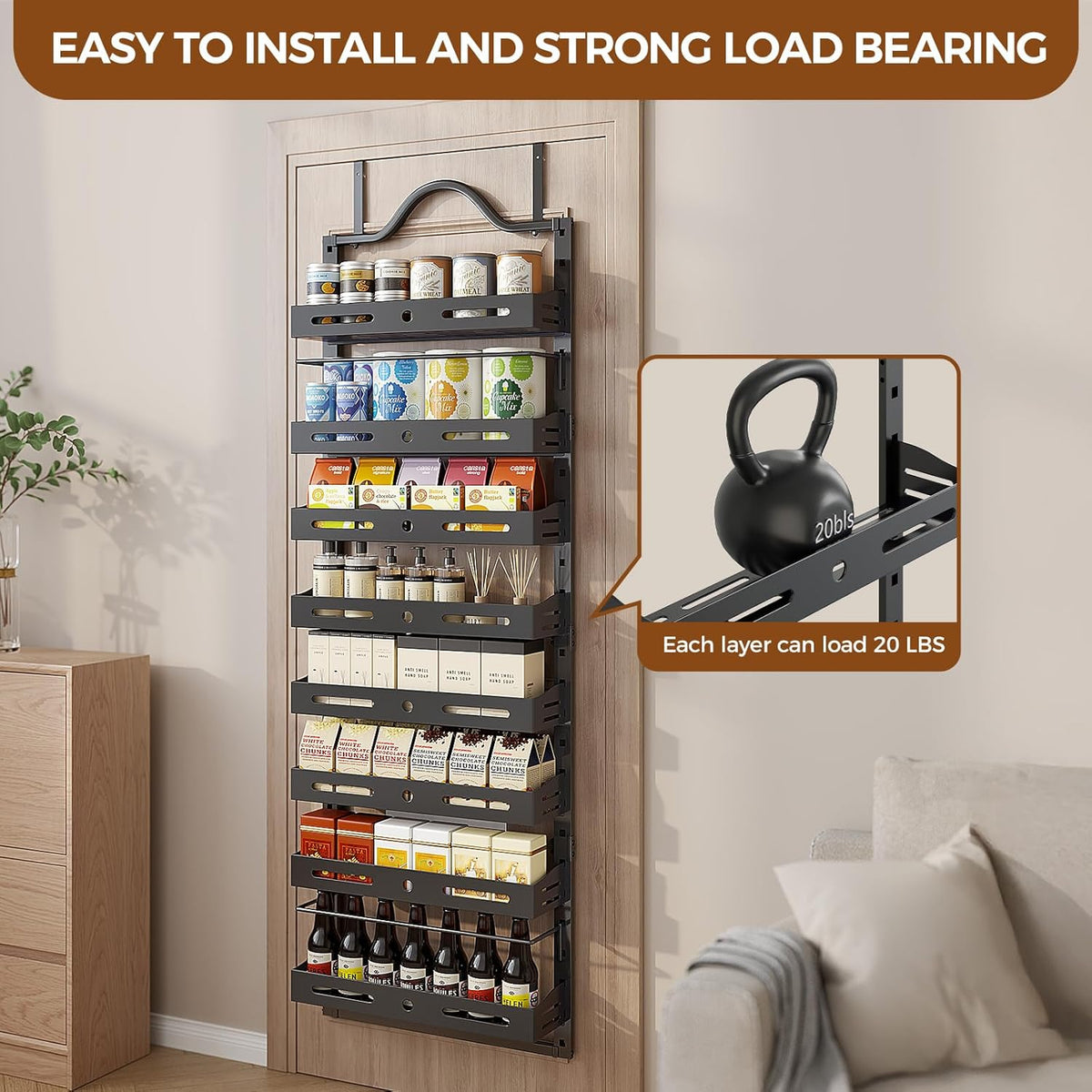 8-Tier Pantry Door Organizer, Large 2 IN 1 Wall Mount or Over The Door Pantry Organizer, Pantry Door Spice Rack with Adjustable Baskets, Over Door Organizer for Kitchen,（72.6×17.1×5.1in,Black)