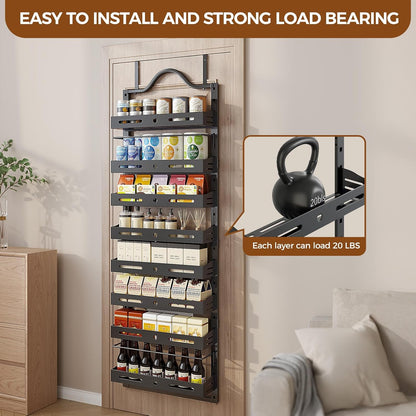 8-Tier Pantry Door Organizer, Large 2 IN 1 Wall Mount or Over The Door Pantry Organizer, Pantry Door Spice Rack with Adjustable Baskets, Over Door Organizer for Kitchen,（72.6×17.1×5.1in,Black)
