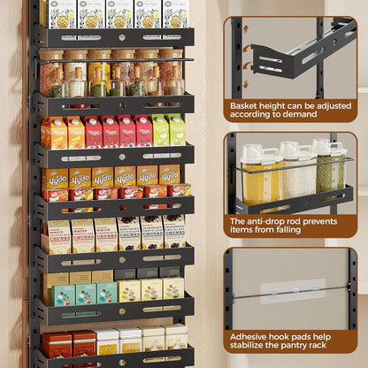 8-Tier Pantry Door Organizer, Large 2 IN 1 Wall Mount or Over The Door Pantry Organizer, Pantry Door Spice Rack with Adjustable Baskets, Over Door Organizer for Kitchen,（72.6×17.1×5.1in,Black)