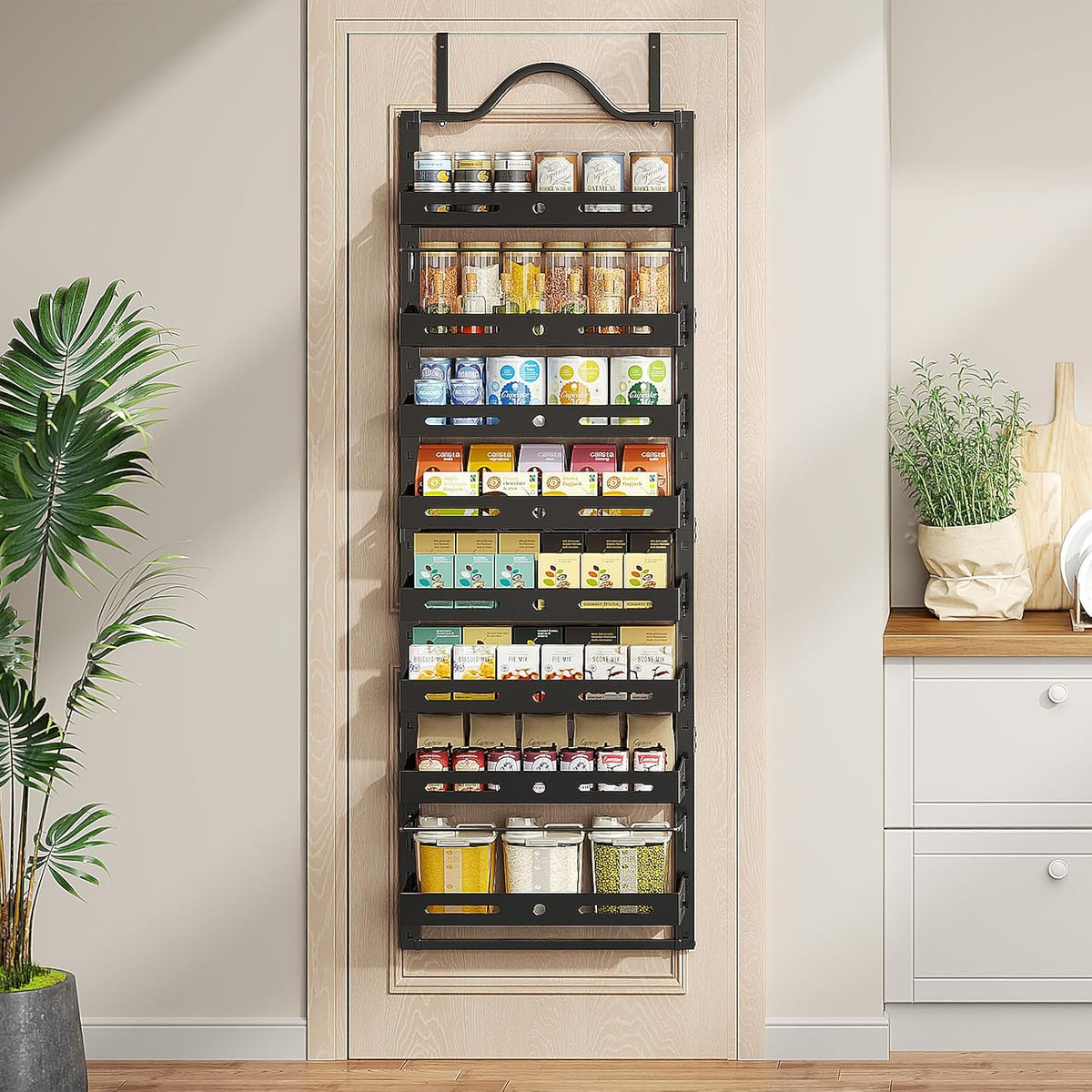 8-Tier Pantry Door Organizer, Large 2 IN 1 Wall Mount or Over The Door Pantry Organizer, Pantry Door Spice Rack with Adjustable Baskets, Over Door Organizer for Kitchen,（72.6×17.1×5.1in,Black)