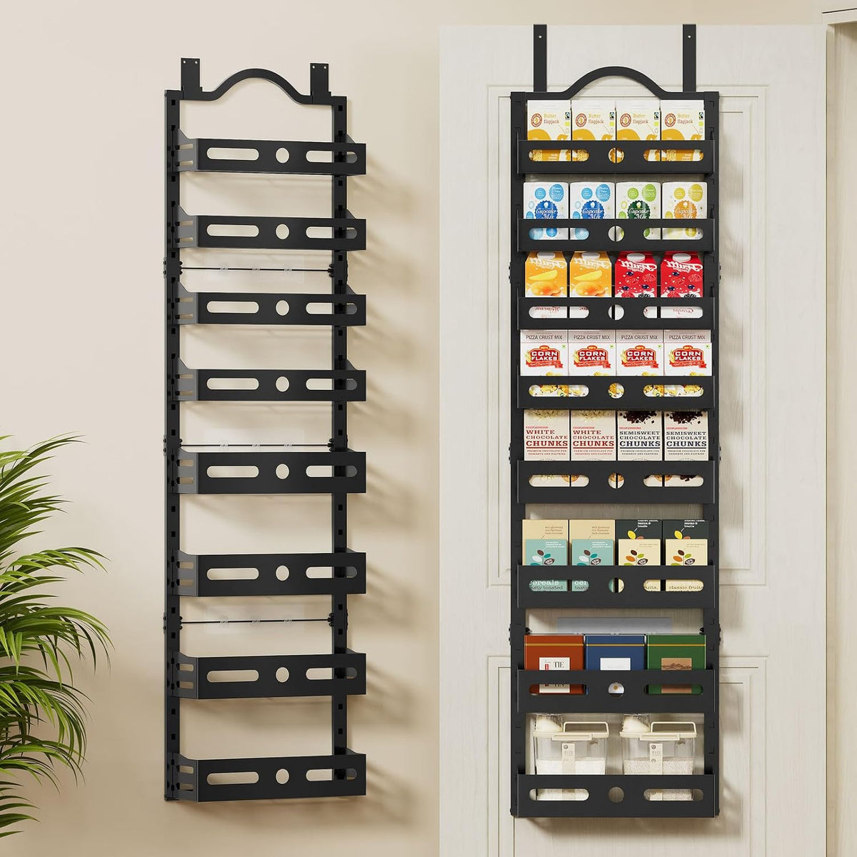 8-Tier Pantry Door Organizer, Large 2 IN 1 Wall Mount or Over The Door Pantry Organizer, Pantry Door Spice Rack with Adjustable Baskets, Over Door Organizer for Kitchen,（72.6×17.1×5.1in,Black)