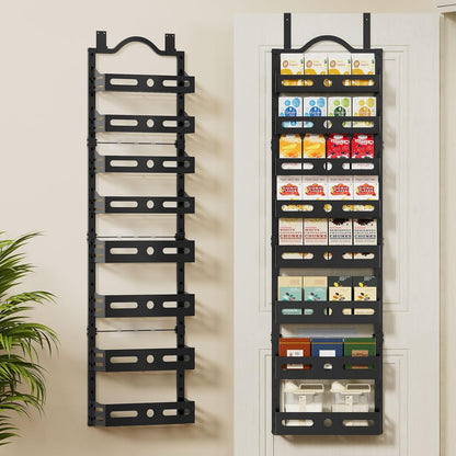 8-Tier Pantry Door Organizer, Large 2 IN 1 Wall Mount or Over The Door Pantry Organizer, Pantry Door Spice Rack with Adjustable Baskets, Over Door Organizer for Kitchen,（72.6×17.1×5.1in,Black)