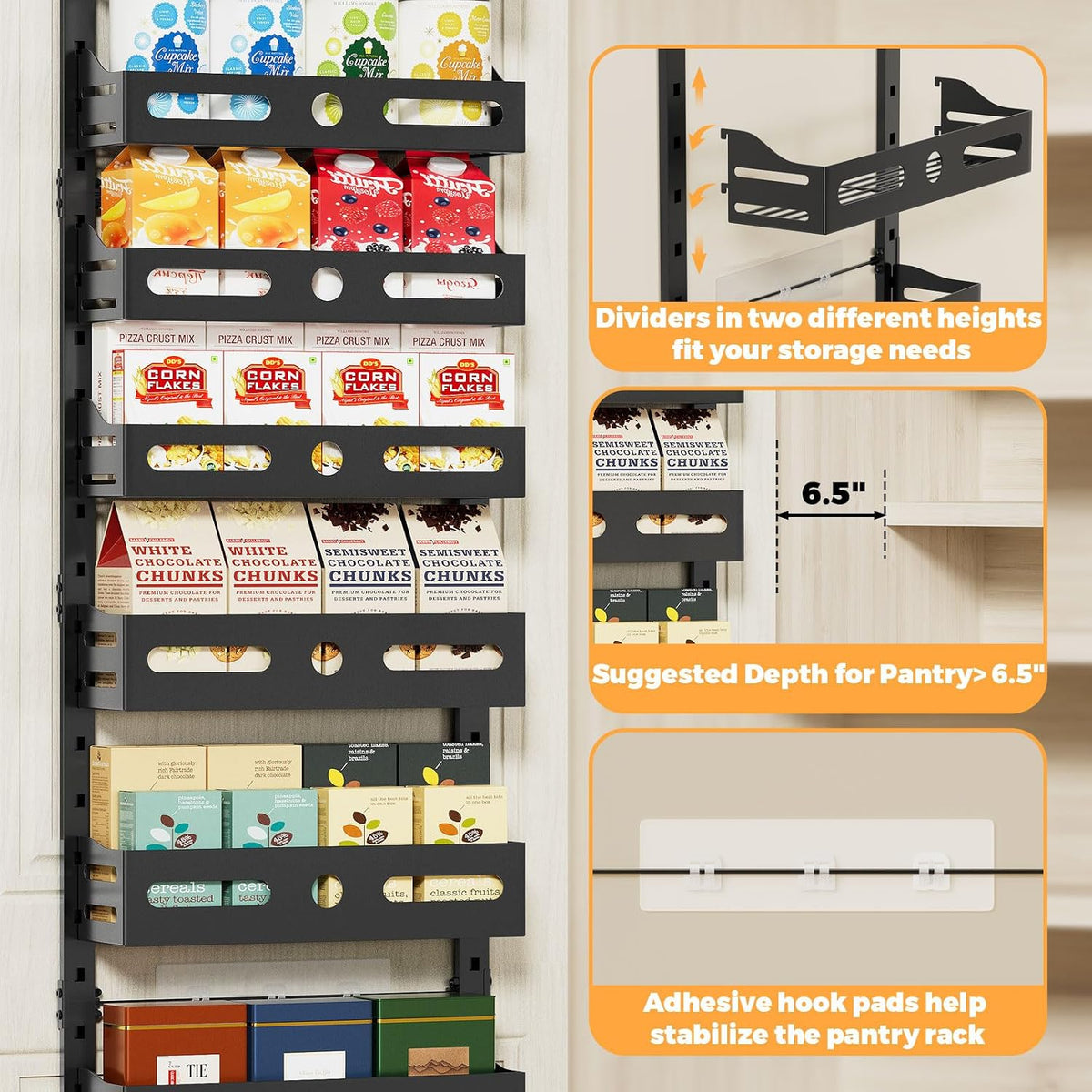 8-Tier Pantry Door Organizer, Large 2 IN 1 Wall Mount or Over The Door Pantry Organizer, Pantry Door Spice Rack with Adjustable Baskets, Over Door Organizer for Kitchen,（72.6×17.1×5.1in,Black)