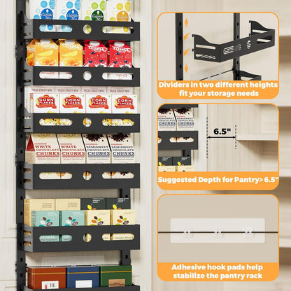 8-Tier Pantry Door Organizer, Large 2 IN 1 Wall Mount or Over The Door Pantry Organizer, Pantry Door Spice Rack with Adjustable Baskets, Over Door Organizer for Kitchen,（72.6×17.1×5.1in,Black)