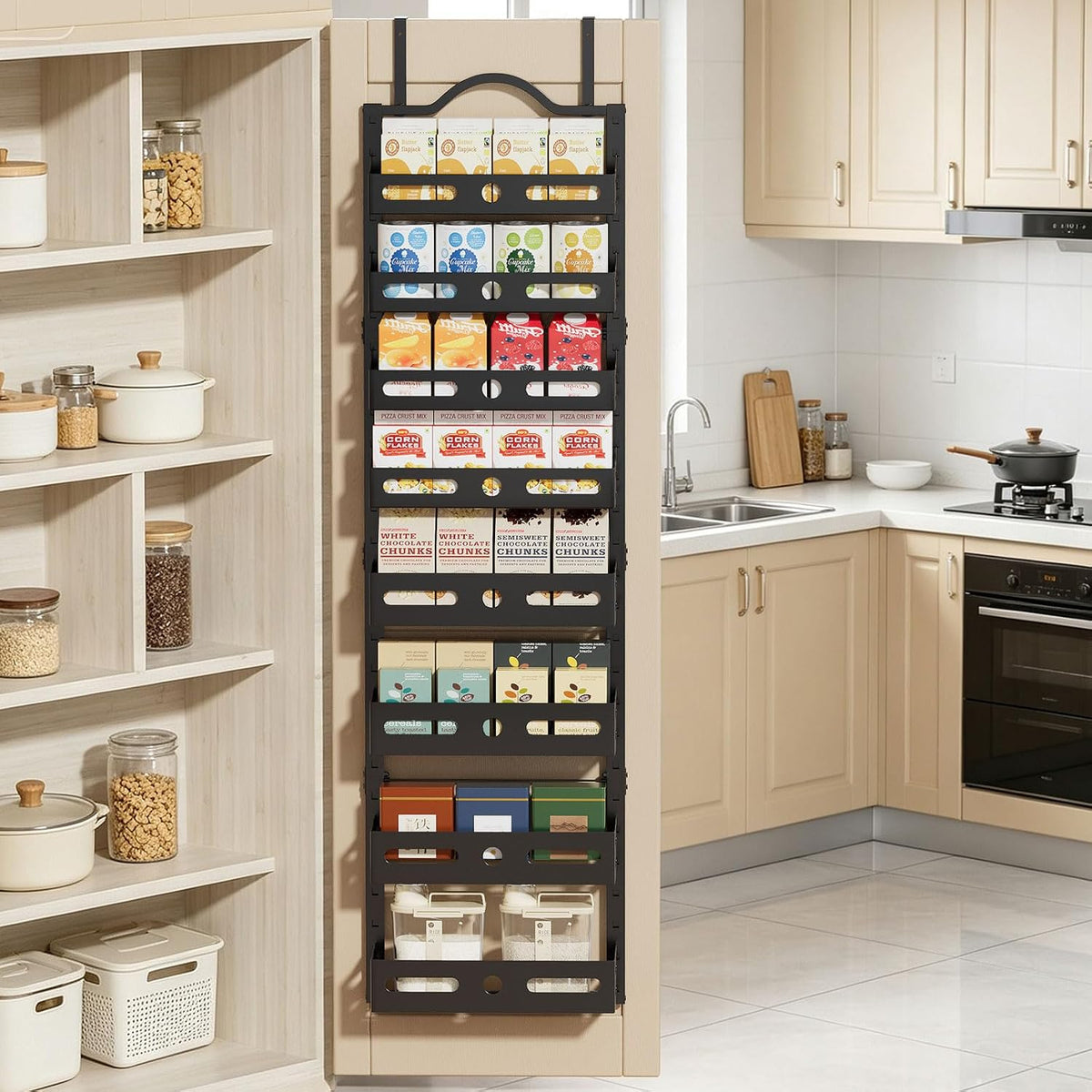 8-Tier Pantry Door Organizer, Large 2 IN 1 Wall Mount or Over The Door Pantry Organizer, Pantry Door Spice Rack with Adjustable Baskets, Over Door Organizer for Kitchen,（72.6×17.1×5.1in,Black)