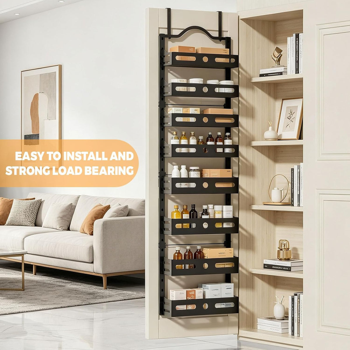 8-Tier Pantry Door Organizer, Large 2 IN 1 Wall Mount or Over The Door Pantry Organizer, Pantry Door Spice Rack with Adjustable Baskets, Over Door Organizer for Kitchen,（72.6×17.1×5.1in,Black)