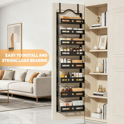 8-Tier Pantry Door Organizer, Large 2 IN 1 Wall Mount or Over The Door Pantry Organizer, Pantry Door Spice Rack with Adjustable Baskets, Over Door Organizer for Kitchen,（72.6×17.1×5.1in,Black)