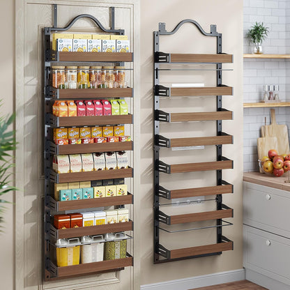 8-Tier Pantry Door Organizer, Large 2 IN 1 Wall Mount or Over The Door Pantry Organizer, Pantry Door Spice Rack with Adjustable Baskets, Over Door Organizer for Kitchen,（72.6×17.1×5.1in,Black)