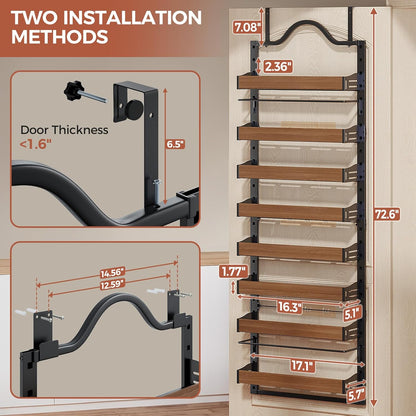 8-Tier Pantry Door Organizer, Large 2 IN 1 Wall Mount or Over The Door Pantry Organizer, Pantry Door Spice Rack with Adjustable Baskets, Over Door Organizer for Kitchen,（72.6×17.1×5.1in,Black)