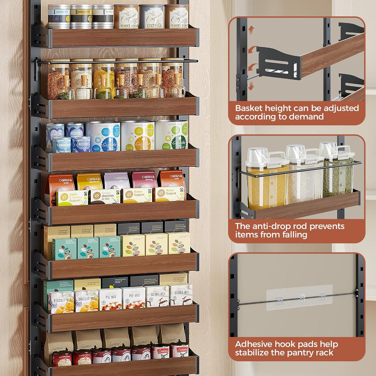 8-Tier Pantry Door Organizer, Large 2 IN 1 Wall Mount or Over The Door Pantry Organizer, Pantry Door Spice Rack with Adjustable Baskets, Over Door Organizer for Kitchen,（72.6×17.1×5.1in,Black)