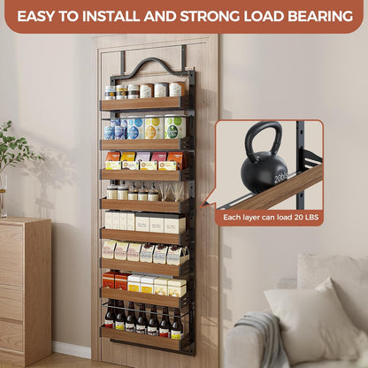 8-Tier Pantry Door Organizer, Large 2 IN 1 Wall Mount or Over The Door Pantry Organizer, Pantry Door Spice Rack with Adjustable Baskets, Over Door Organizer for Kitchen,（72.6×17.1×5.1in,Black)