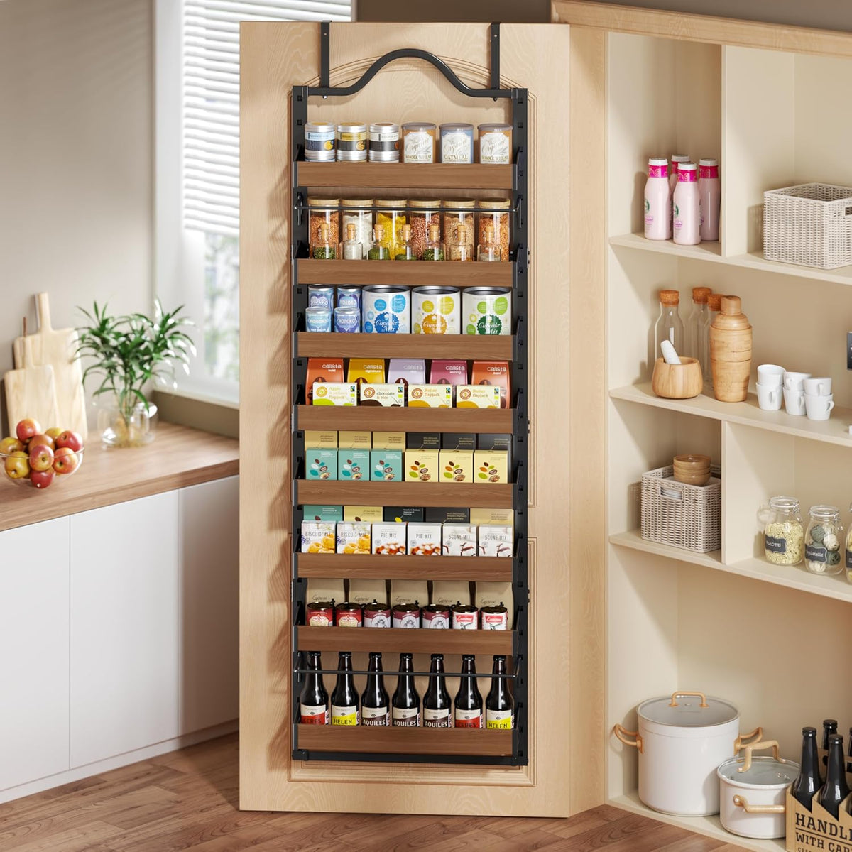8-Tier Pantry Door Organizer, Large 2 IN 1 Wall Mount or Over The Door Pantry Organizer, Pantry Door Spice Rack with Adjustable Baskets, Over Door Organizer for Kitchen,（72.6×17.1×5.1in,Black)