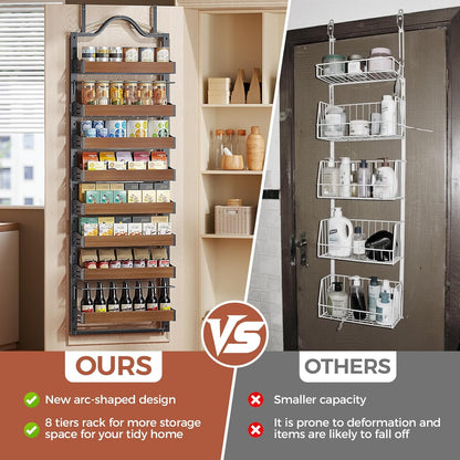 8-Tier Pantry Door Organizer, Large 2 IN 1 Wall Mount or Over The Door Pantry Organizer, Pantry Door Spice Rack with Adjustable Baskets, Over Door Organizer for Kitchen,（72.6×17.1×5.1in,Black)