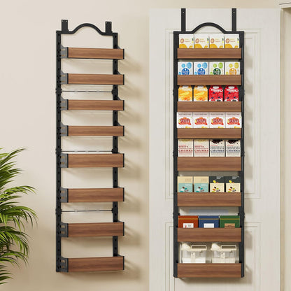 8-Tier Pantry Door Organizer, Large 2 IN 1 Wall Mount or Over The Door Pantry Organizer, Pantry Door Spice Rack with Adjustable Baskets, Over Door Organizer for Kitchen,（72.6×17.1×5.1in,Black)