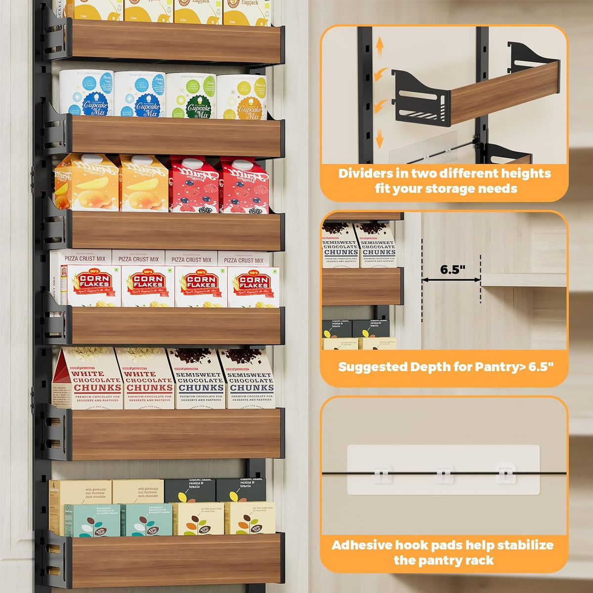8-Tier Pantry Door Organizer, Large 2 IN 1 Wall Mount or Over The Door Pantry Organizer, Pantry Door Spice Rack with Adjustable Baskets, Over Door Organizer for Kitchen,（72.6×17.1×5.1in,Black)