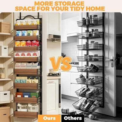 8-Tier Pantry Door Organizer, Large 2 IN 1 Wall Mount or Over The Door Pantry Organizer, Pantry Door Spice Rack with Adjustable Baskets, Over Door Organizer for Kitchen,（72.6×17.1×5.1in,Black)
