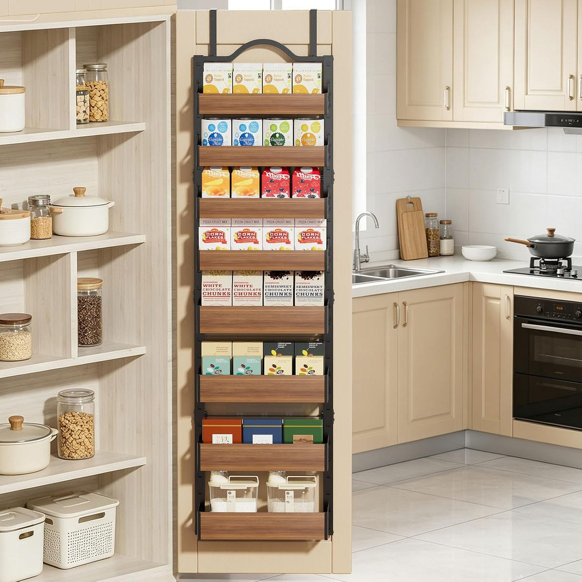 8-Tier Pantry Door Organizer, Large 2 IN 1 Wall Mount or Over The Door Pantry Organizer, Pantry Door Spice Rack with Adjustable Baskets, Over Door Organizer for Kitchen,（72.6×17.1×5.1in,Black)