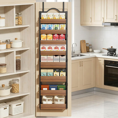 8-Tier Pantry Door Organizer, Large 2 IN 1 Wall Mount or Over The Door Pantry Organizer, Pantry Door Spice Rack with Adjustable Baskets, Over Door Organizer for Kitchen,（72.6×17.1×5.1in,Black)