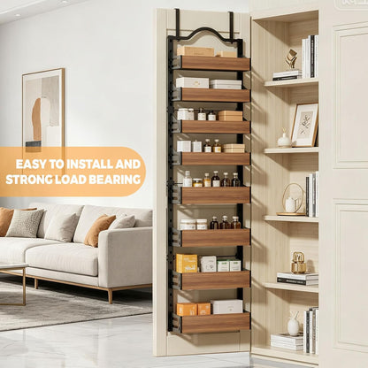 8-Tier Pantry Door Organizer, Large 2 IN 1 Wall Mount or Over The Door Pantry Organizer, Pantry Door Spice Rack with Adjustable Baskets, Over Door Organizer for Kitchen,（72.6×17.1×5.1in,Black)