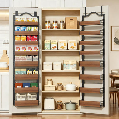 8-Tier Pantry Door Organizer, Large 2 IN 1 Wall Mount or Over The Door Pantry Organizer, Pantry Door Spice Rack with Adjustable Baskets, Over Door Organizer for Kitchen,（72.6×17.1×5.1in,Black)