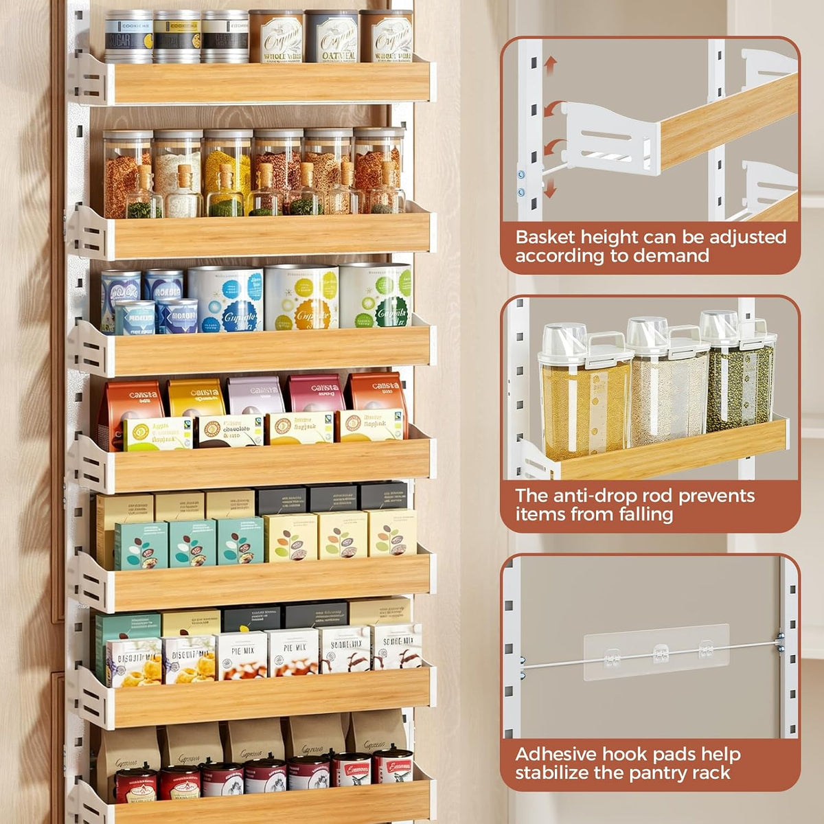 8-Tier Pantry Door Organizer, Large 2 IN 1 Wall Mount or Over The Door Pantry Organizer, Pantry Door Spice Rack with Adjustable Baskets, Over Door Organizer for Kitchen,（72.6×17.1×5.1in,Black)