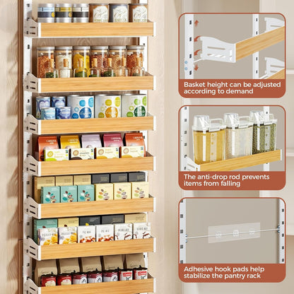 8-Tier Pantry Door Organizer, Large 2 IN 1 Wall Mount or Over The Door Pantry Organizer, Pantry Door Spice Rack with Adjustable Baskets, Over Door Organizer for Kitchen,（72.6×17.1×5.1in,Black)