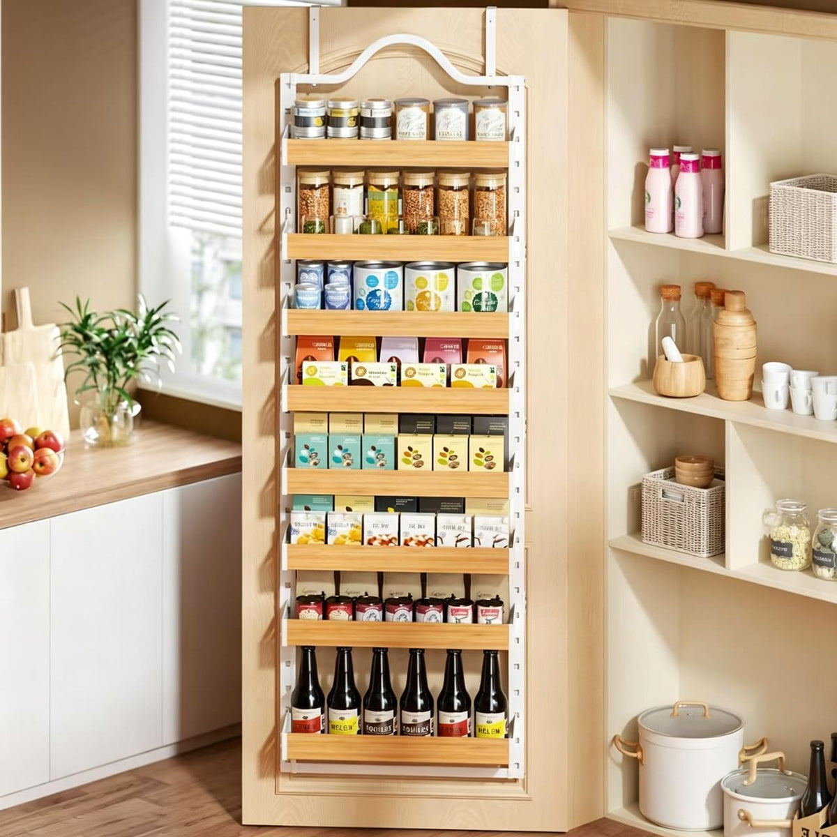 8-Tier Pantry Door Organizer, Large 2 IN 1 Wall Mount or Over The Door Pantry Organizer, Pantry Door Spice Rack with Adjustable Baskets, Over Door Organizer for Kitchen,（72.6×17.1×5.1in,Black)