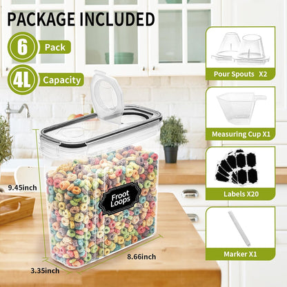 8PCS Large Cereal Containers Storage [4L/135.2 oz], Food Storage Containers | with Pour Spout for Kitchen & Pantry Organization and Storage, Plastic Cereal Dispensers, BPA Free, Measuring Cup & 20 Labels