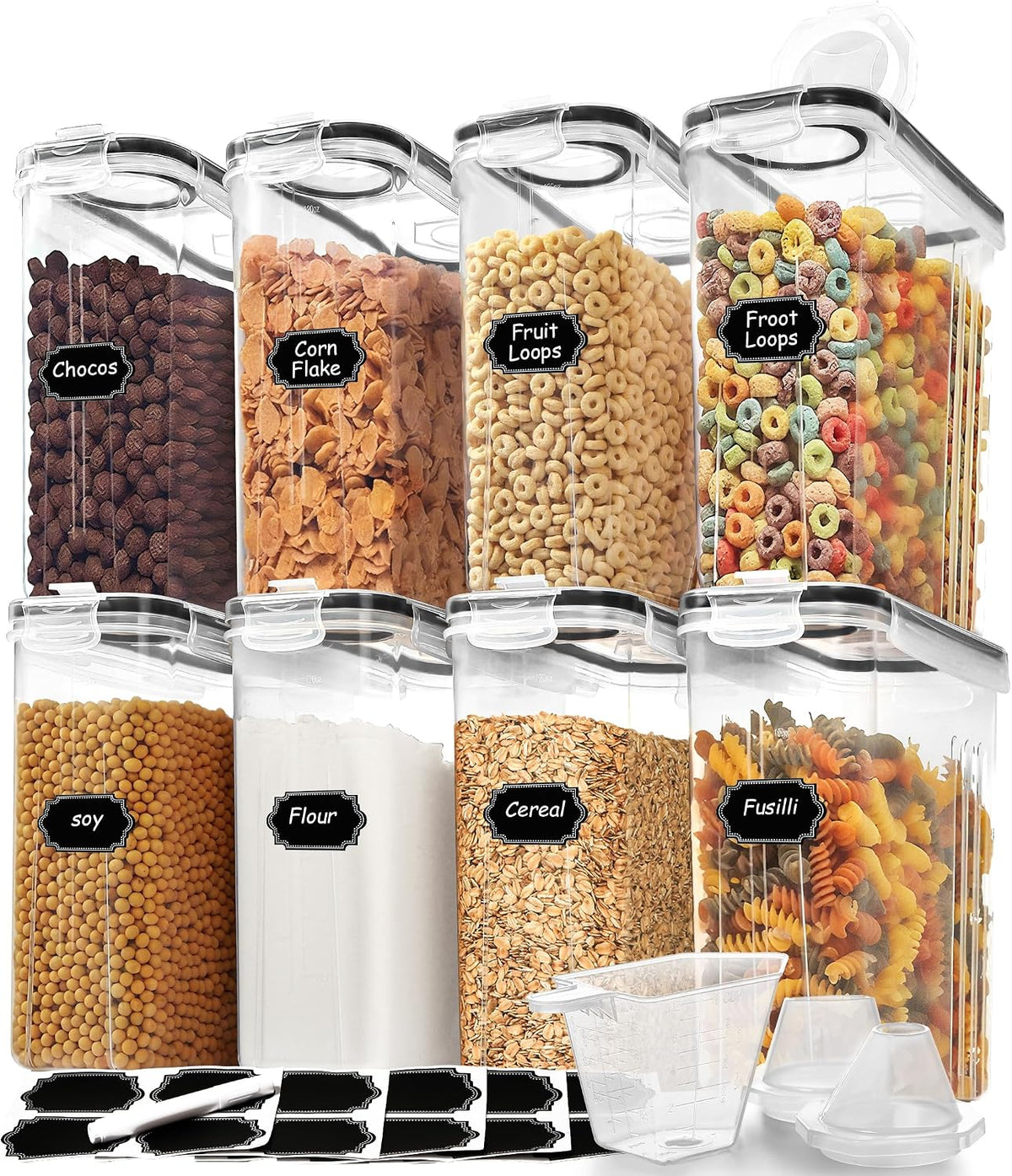 8PCS Large Cereal Containers Storage [4L/135.2 oz], Food Storage Containers | with Pour Spout for Kitchen & Pantry Organization and Storage, Plastic Cereal Dispensers, BPA Free, Measuring Cup & 20 Labels