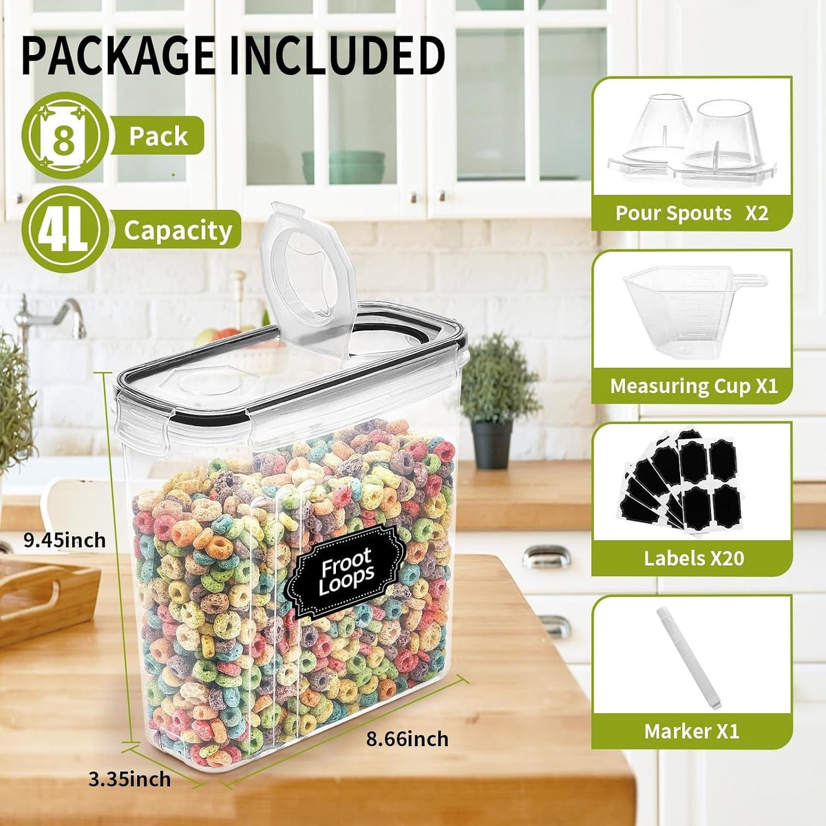 8PCS Large Cereal Containers Storage [4L/135.2 oz], Food Storage Containers | with Pour Spout for Kitchen & Pantry Organization and Storage, Plastic Cereal Dispensers, BPA Free, Measuring Cup & 20 Labels