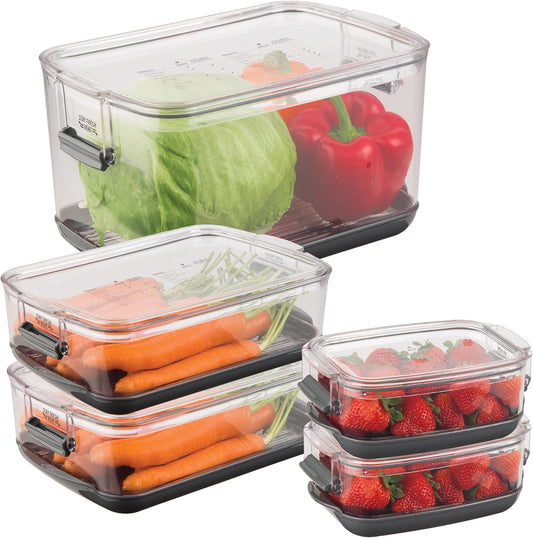 Prepworks ProKeeper Food Fresh Produce Storage Container Set, 5- Piece, Clear Containers with Gray Sealed Tight Lids