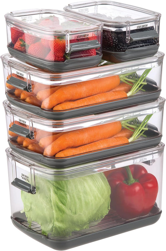 Prepworks ProKeeper Food Fresh Produce Storage Container Set, 5- Piece, Clear Containers with Gray Sealed Tight Lids