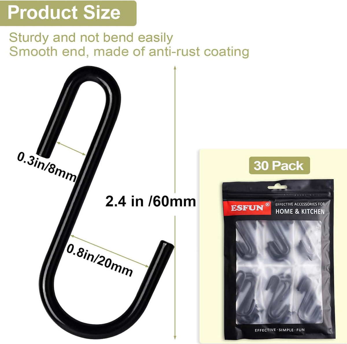 30 Pack 2.4 inches S Hooks for Hanging on Wire Shelves, Black S Shaped Hanging Hooks Hangers Pan Holder Pot Wire Rack Hooks for Kitchenware Spoons Pans Pots Utensils Jeans Bags Towels Plants