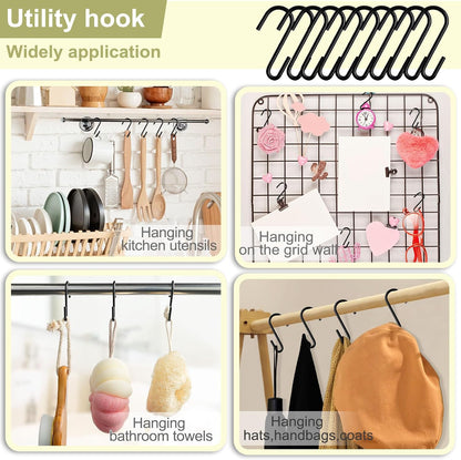 30 Pack 2.4 inches S Hooks for Hanging on Wire Shelves, Black S Shaped Hanging Hooks Hangers Pan Holder Pot Wire Rack Hooks for Kitchenware Spoons Pans Pots Utensils Jeans Bags Towels Plants