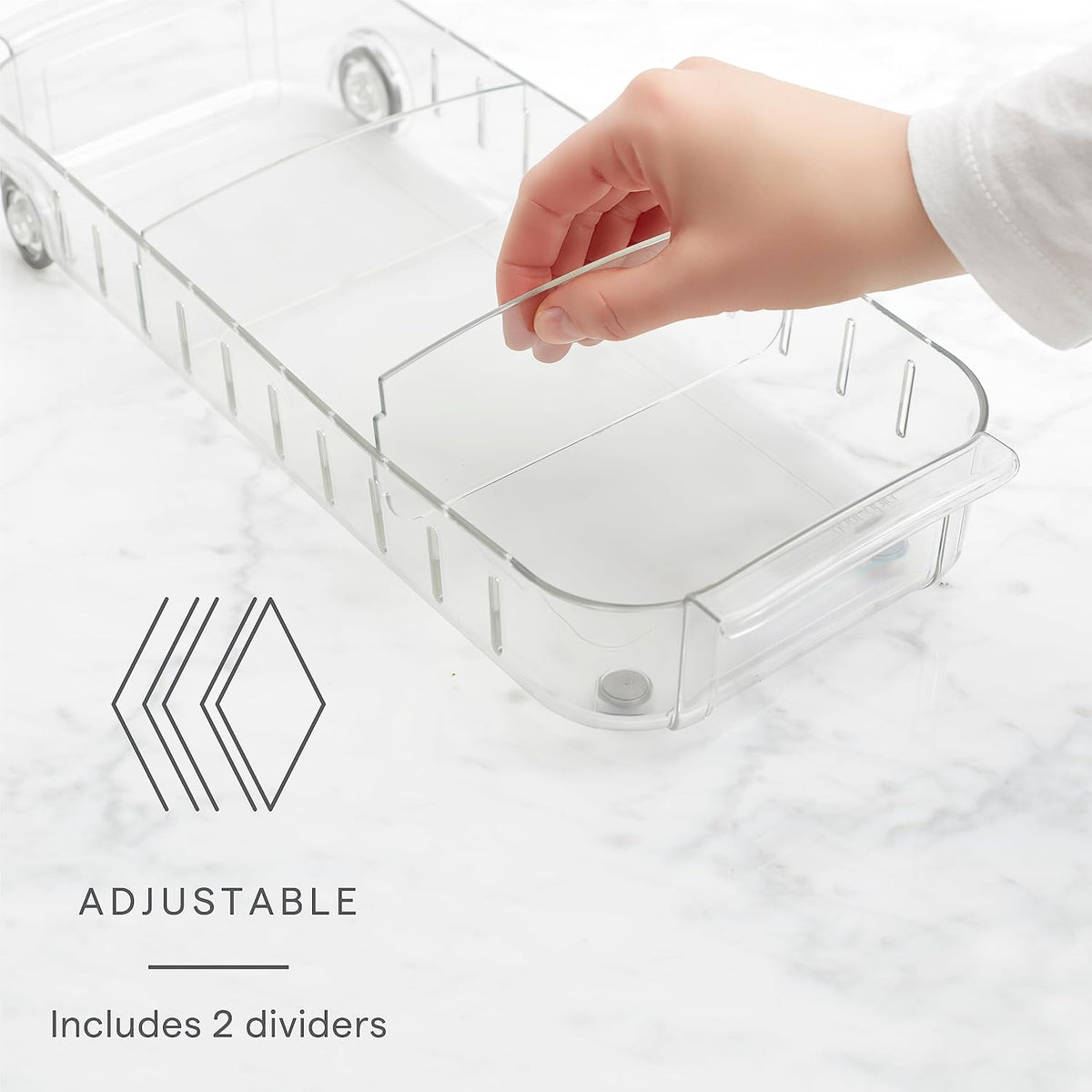 RollOut Fridge Caddy BPA-Free Clear Rolling Refrigerator Organizer Bin with Adjustable Dividers and Handles, 9" Wide