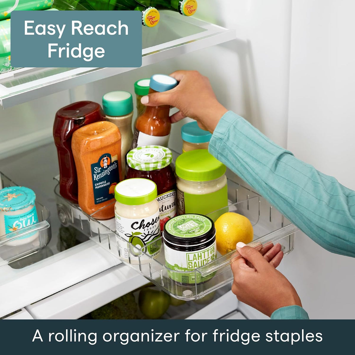 RollOut Fridge Caddy BPA-Free Clear Rolling Refrigerator Organizer Bin with Adjustable Dividers and Handles, 9" Wide