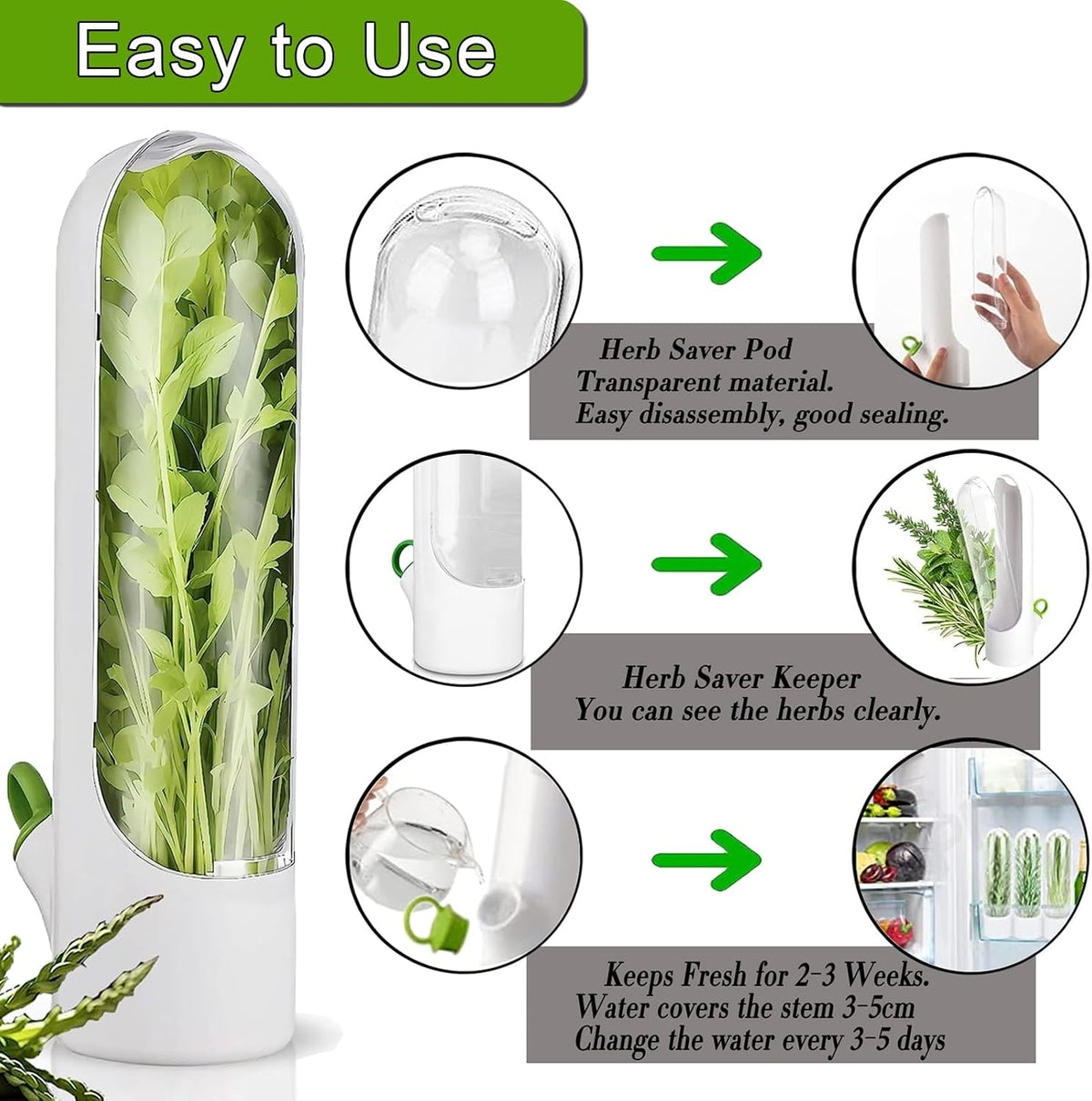 Herb Saver for Refrigerator, Herb Saver Pod Cilantro Containers for Refrigerator, Fresh Herb Keeper for Cilantro, Parsley, Asparagus, Mint, Keeps Vegetables for 2-3 Weeks