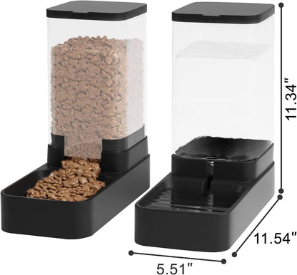 Automatic Cat Feeder and Water Dispenser in Set with Pet Food Bowl,Gravity Dog Waterer and Food Feeder for Small Medium Dog Cat Puppy Kitten Large Capacity(3.3L,Black)