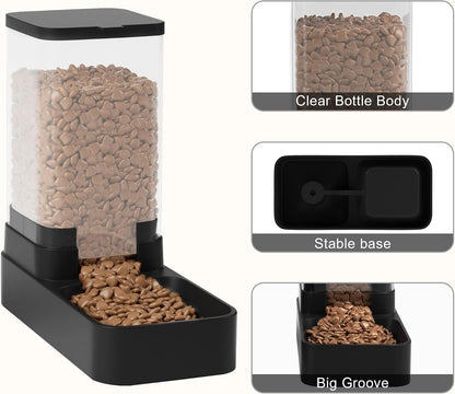 Automatic Cat Feeder and Water Dispenser in Set with Pet Food Bowl,Gravity Dog Waterer and Food Feeder for Small Medium Dog Cat Puppy Kitten Large Capacity(3.3L,Black)