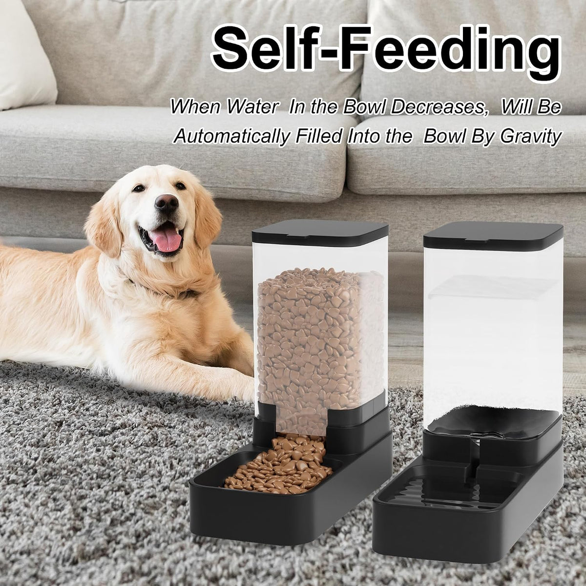 Automatic Cat Feeder and Water Dispenser in Set with Pet Food Bowl,Gravity Dog Waterer and Food Feeder for Small Medium Dog Cat Puppy Kitten Large Capacity(3.3L,Black)