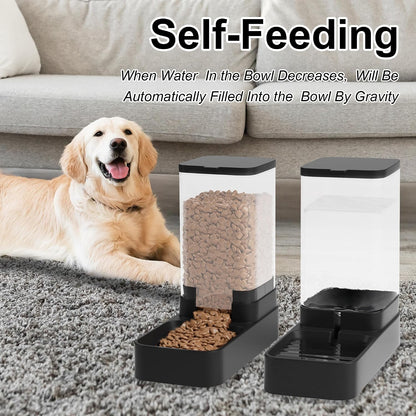 Automatic Cat Feeder and Water Dispenser in Set with Pet Food Bowl,Gravity Dog Waterer and Food Feeder for Small Medium Dog Cat Puppy Kitten Large Capacity(3.3L,Black)