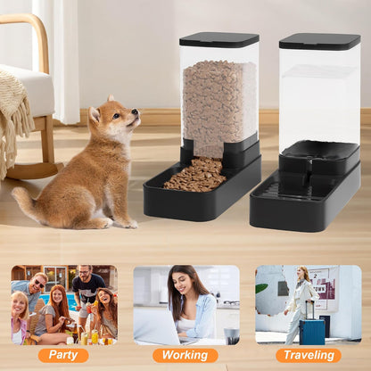 Automatic Cat Feeder and Water Dispenser in Set with Pet Food Bowl,Gravity Dog Waterer and Food Feeder for Small Medium Dog Cat Puppy Kitten Large Capacity(3.3L,Black)