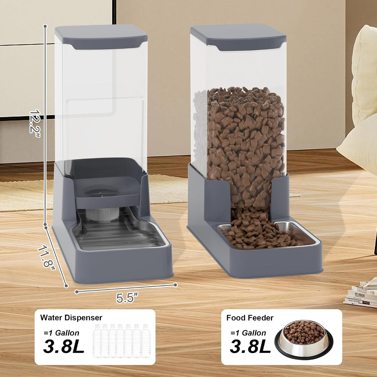 Automatic Cat Feeder and Water Dispenser in Set with Pet Food Bowl,Gravity Dog Waterer and Food Feeder for Small Medium Dog Cat Puppy Kitten Large Capacity(3.3L,Black)