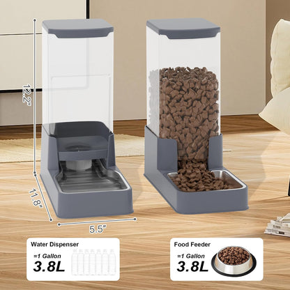 Automatic Cat Feeder and Water Dispenser in Set with Pet Food Bowl,Gravity Dog Waterer and Food Feeder for Small Medium Dog Cat Puppy Kitten Large Capacity(3.3L,Black)
