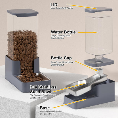 Automatic Cat Feeder and Water Dispenser in Set with Pet Food Bowl,Gravity Dog Waterer and Food Feeder for Small Medium Dog Cat Puppy Kitten Large Capacity(3.3L,Black)