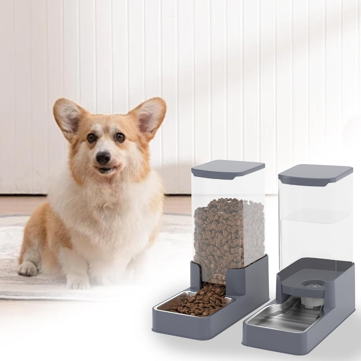 Automatic Cat Feeder and Water Dispenser in Set with Pet Food Bowl,Gravity Dog Waterer and Food Feeder for Small Medium Dog Cat Puppy Kitten Large Capacity(3.3L,Black)
