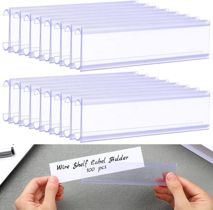 100pcs Wire Shelf Label Holders with 100pcs Paper Inserts 6in Lx1.25in H Plastic Wire Rack Label Holder Shelf Tags Clear Plastic Basket Display Clips Removable Compatible with 1-1/4in Shelves